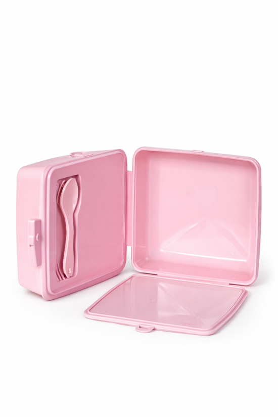 Snoopy Lisanslı Çatal Kaşıklı Beslenme Kutusu - Pembe Desenli Kilitli Saklama Kabı