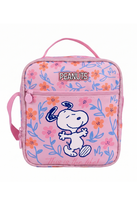 Snoopy Peanuts Baskılı Pembe Beslenme Çantası - Çift Bölmeli Kulplu Okul Beslenme Çantası