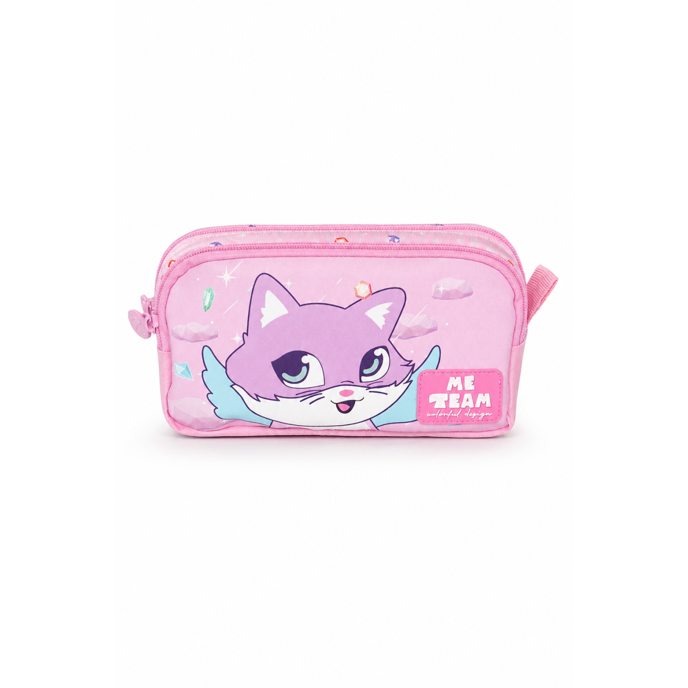 ME TEAM Pembe Kanatlı Kedi Karakterli Kalemlik - 2 Bölmeli Suni Deri Ön Panelli Kız Çocuk Okul Kalem Kutusu