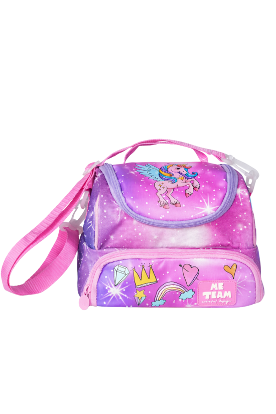 Me Team Unicorn Desenli Beslenme Çantası - Su İtici Kumaşlı Omuz Askılı Mor Pembe