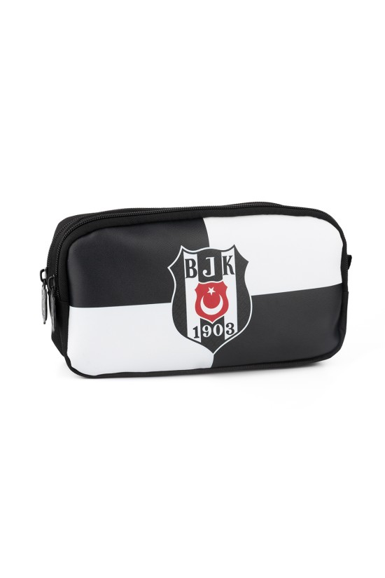 Beşiktaş Lisanslı Damalı Kalemlik - Siyah Beyaz Parçalı 2 Bölmeli Kalem Çantası