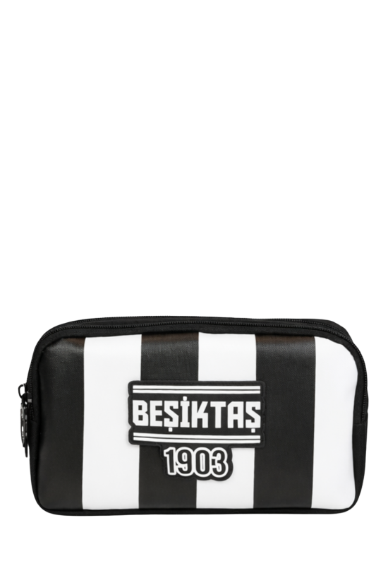 Beşiktaş Lisanslı Çift Bölmeli Çubuklu Desen Kalemlik - Rubber Logolu Su İtici Kumaşlı Kalem Kutusu