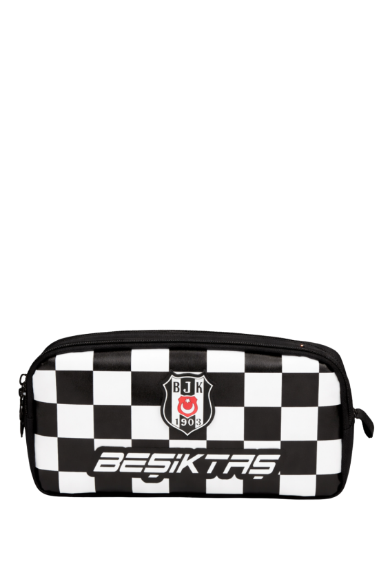 Beşiktaş Lisanslı Çift Bölmeli Dama Desenli Kalemlik - Rubber Logolu Su İtici Kumaşlı Kalem Çantası