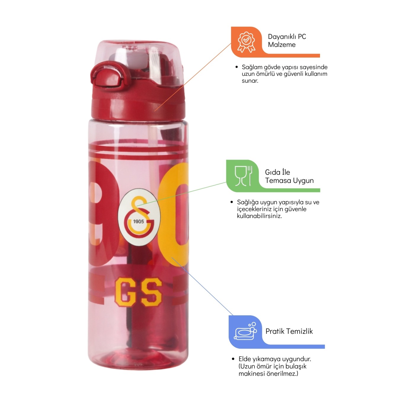 Galatasaray Lisanslı 500ml Kilitli Kapaklı Kırmızı Su Matarası - Orijinal GS Taraftar Suluk