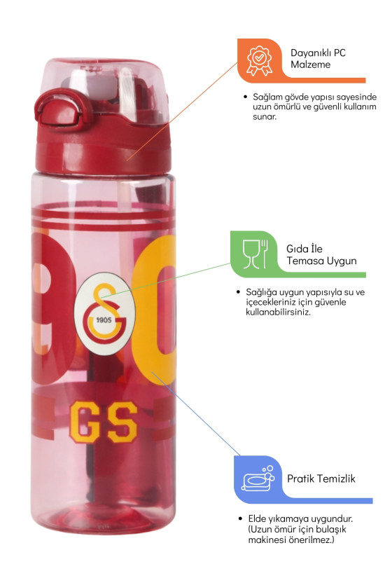 Galatasaray Lisanslı 500ml Kilitli Kapaklı Kırmızı Su Matarası - Orijinal GS Taraftar Suluk