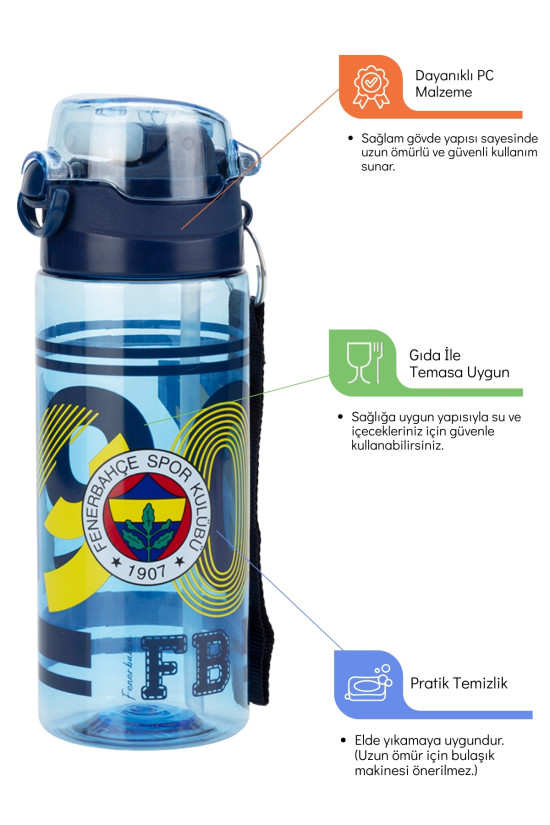 Fenerbahçe Lisanslı 500ml Pipetli Kilitli Kapaklı Mavi Su Matarası - Orijinal FB Taraftar Suluk