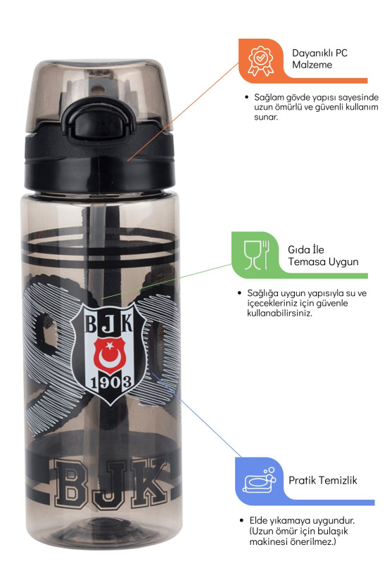 Beşiktaş Lisanslı 500ml Pipetli Kilitli Kapaklı Siyah Matara - Orijinal BJK Taraftar Suluk