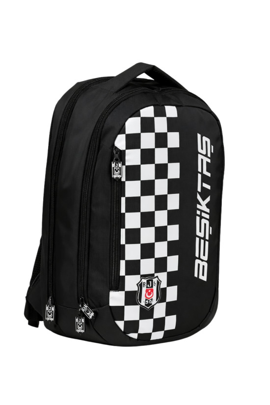 Beşiktaş Lisanslı 3 Bölmeli Sırt Çantası - Laptop Gözlü Su İtici Dama Desenli Okul Çantası