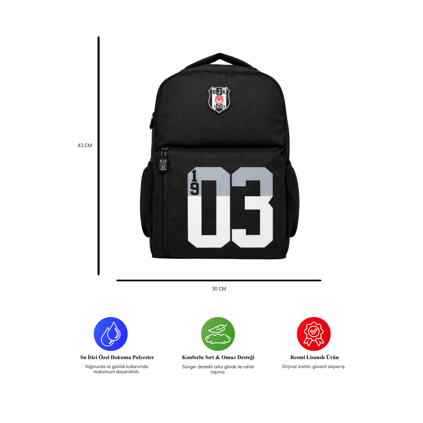 Beşiktaş Lisanslı 3 Bölmeli Sırt Çantası - Laptop Gözlü Su İtici 1903 Baskılı Okul Çantası