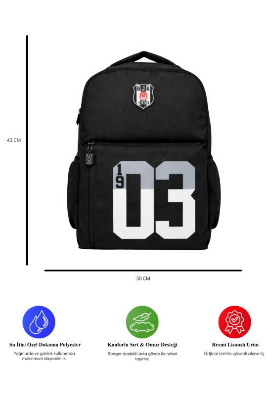 Beşiktaş Lisanslı 3 Bölmeli Sırt Çantası - Laptop Gözlü Su İtici 1903 Baskılı Okul Çantası
