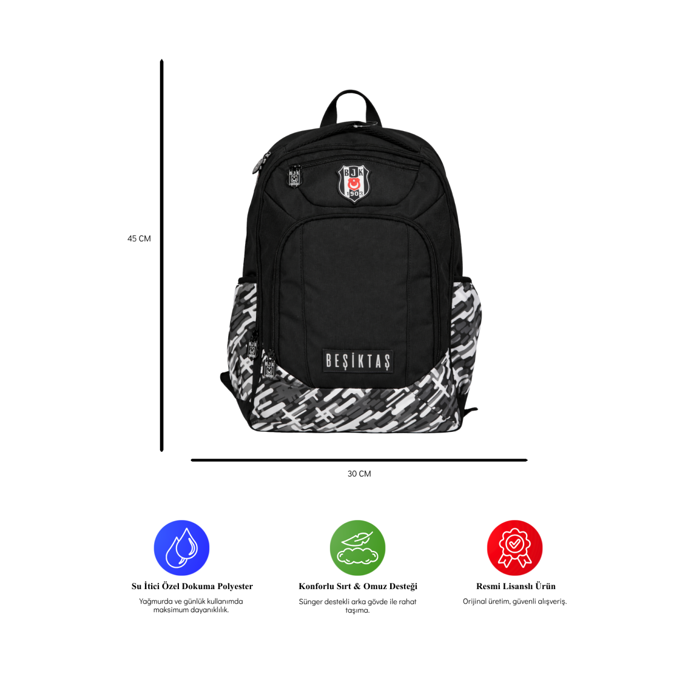 Beşiktaş Lisanslı Çok Bölmeli Sırt Çantası - Su İtici Kumaşlı Desenli Laptop Okul Çantası