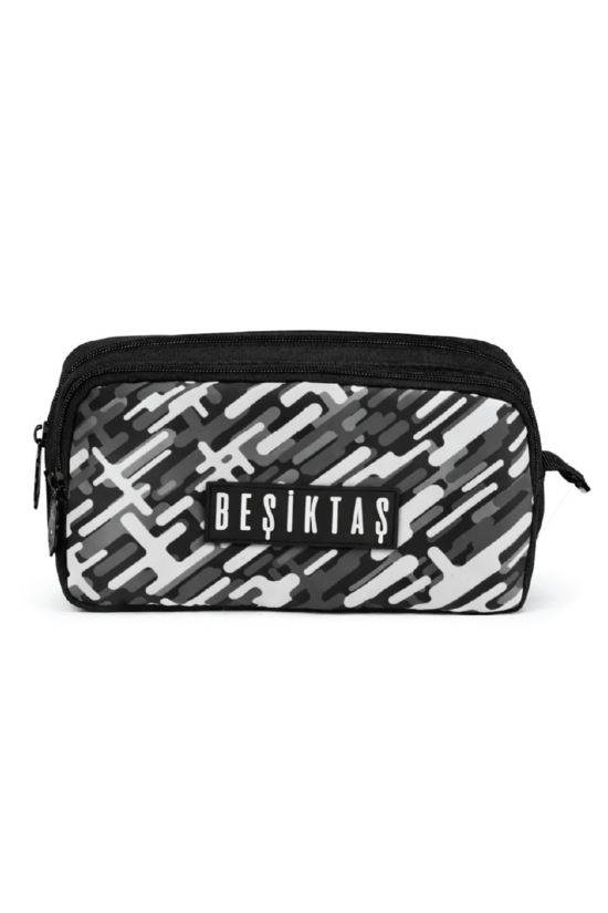 Beşiktaş Lisanslı Desenli Kalemlik - Çift Bölmeli Su İtici Kumaşlı Kalem Çantası - Siyah Beyaz Gri