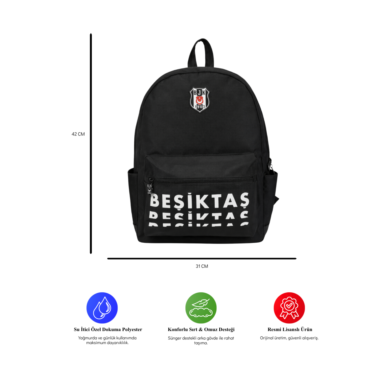 Beşiktaş Lisanslı 3 Bölmeli Sırt Çantası - Laptop Gözlü Su İtici Yazı Baskılı Okul Çantası
