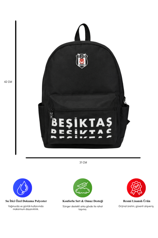 Beşiktaş Lisanslı 3 Bölmeli Sırt Çantası - Laptop Gözlü Su İtici Yazı Baskılı Okul Çantası