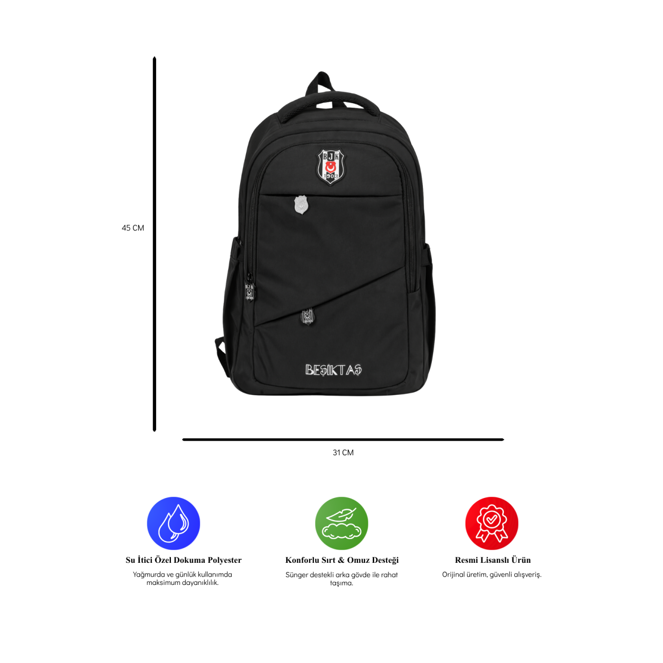 Beşiktaş Lisanslı Çapraz Cep Detaylı Siyah Sırt Çantası - Laptop Bölmeli Okul Çantası
