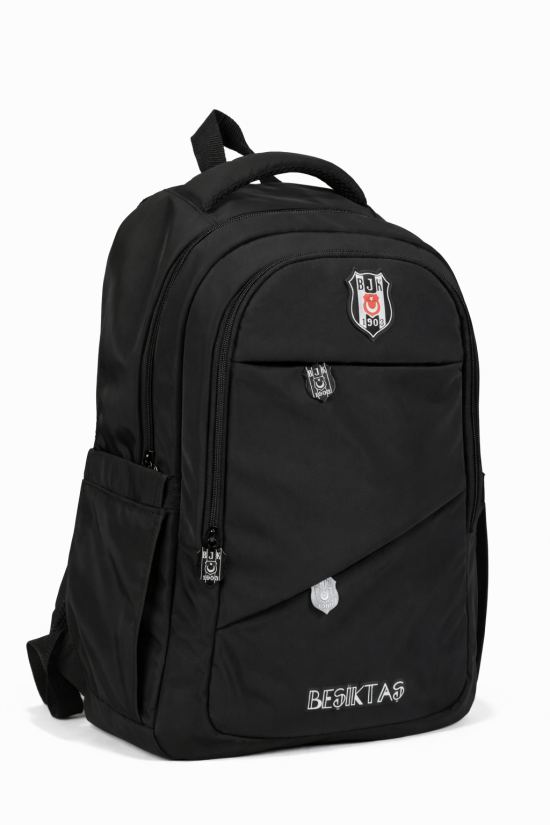 Beşiktaş Lisanslı Çapraz Cep Detaylı Siyah Sırt Çantası - Laptop Bölmeli Okul Çantası
