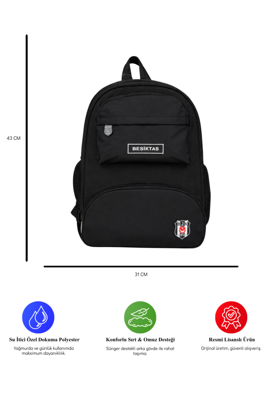Beşiktaş Lisanslı Logolu Siyah Sırt Çantası - Su İtici Kumaşlı Laptop Bölmeli Okul Çantası