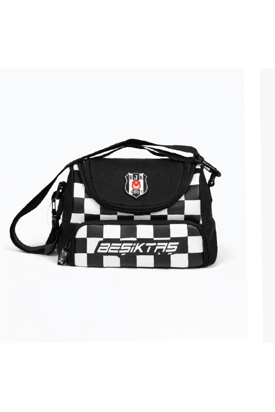 Beşiktaş Lisanslı Damalı Beslenme Çantası - Su İtici Kumaşlı Omuz Askılı Siyah Beyaz