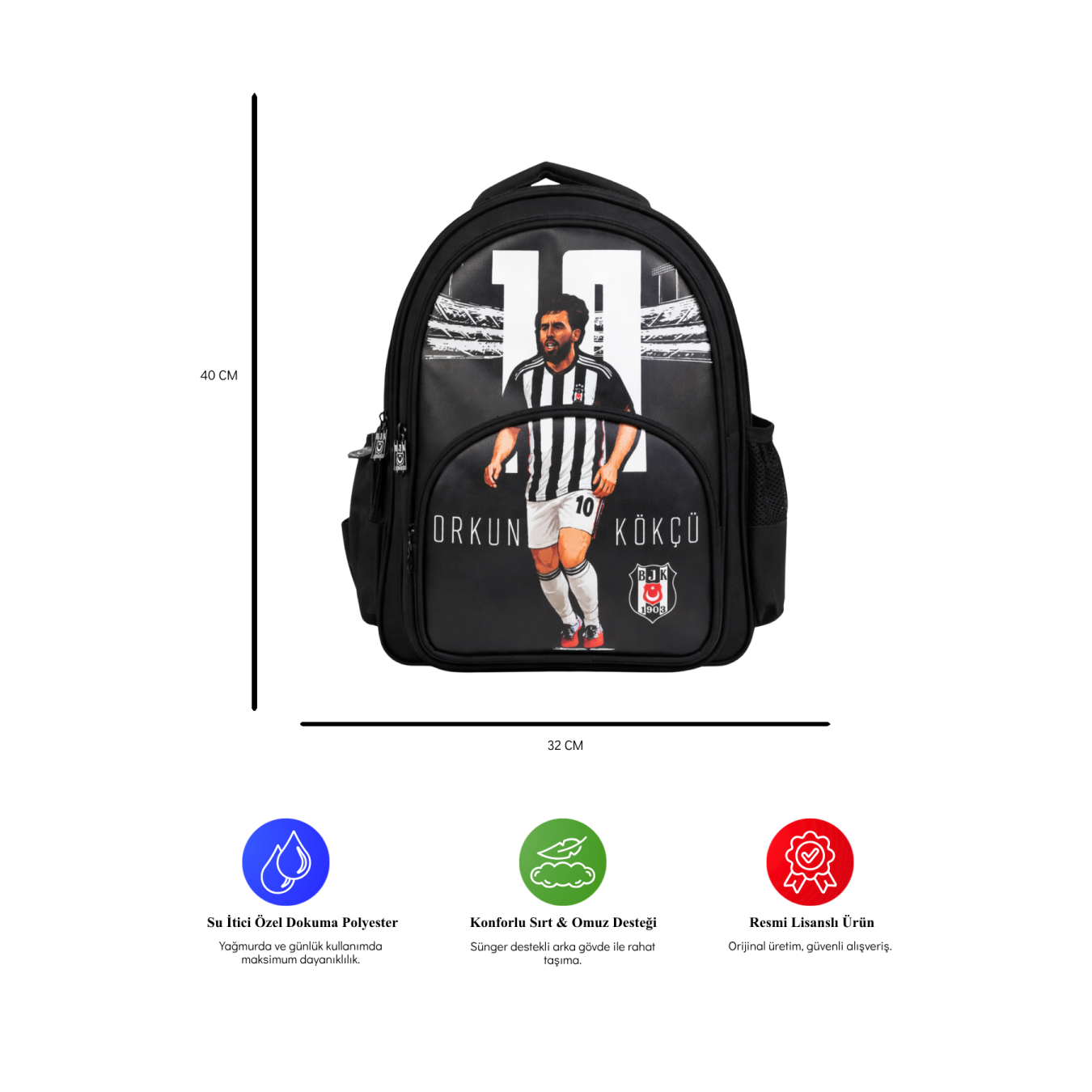 Beşiktaş Lisanslı Orkun Kökçü Okul Çantası - Üç Bölmeli Su İtici Kumaşlı Sırt Çantası