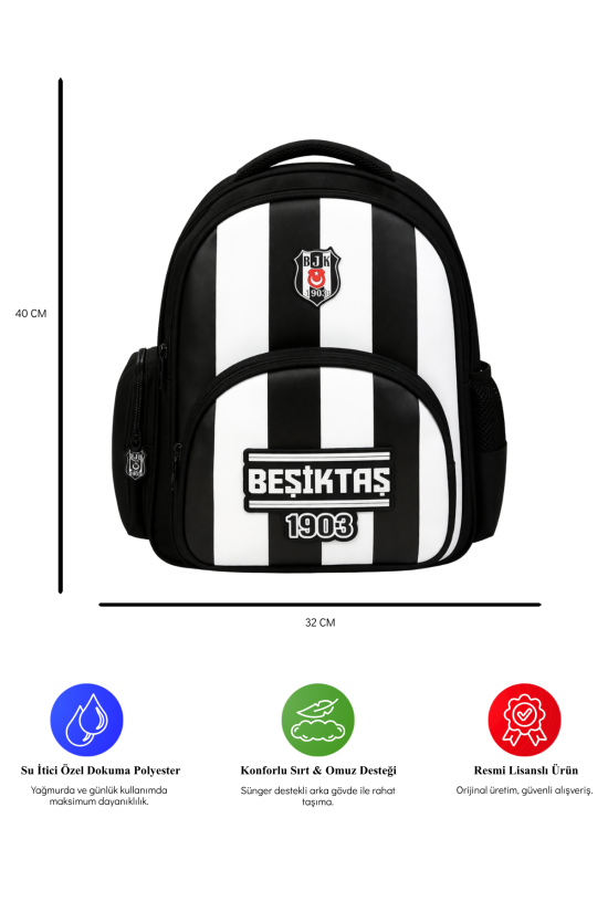 Beşiktaş Lisanslı 3 Bölmeli Çubuklu Desen Okul Çantası - Rubber Logolu Su İtici Kumaşlı Sırt Çantası