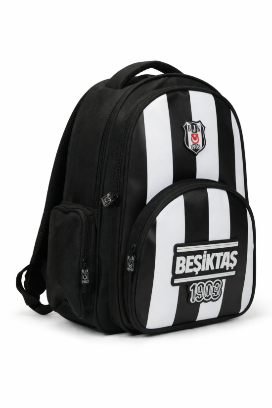 Beşiktaş Lisanslı 3 Bölmeli Çubuklu Desen Okul Çantası - Rubber Logolu Su İtici Kumaşlı Sırt Çantası