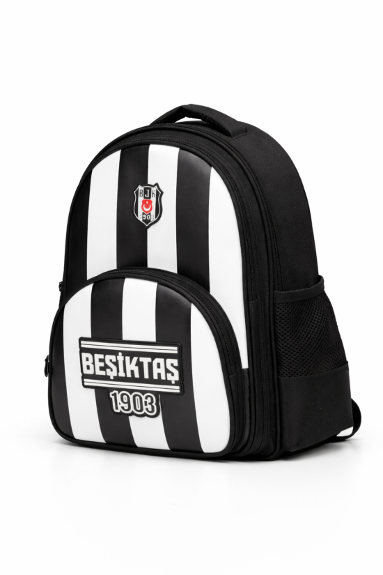 Beşiktaş Lisanslı 3 Bölmeli Çubuklu Desen Okul Çantası - Rubber Logolu Su İtici Kumaşlı Sırt Çantası