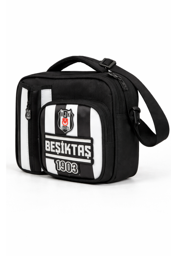 Beşiktaş Lisanslı Çubuklu Desen Rubber Logolu Su İtici Kumaşlı Beslenme Çantası