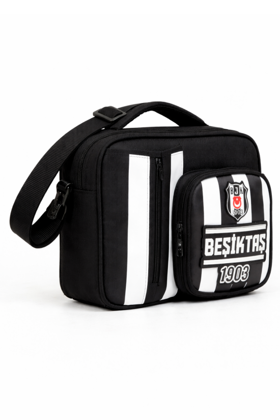 Beşiktaş Lisanslı Çubuklu Desen Rubber Logolu Su İtici Kumaşlı Beslenme Çantası