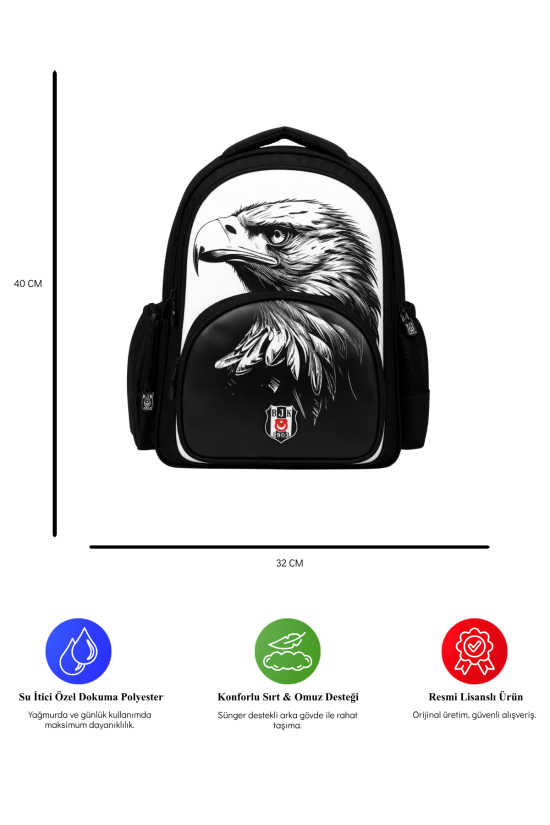 Beşiktaş Lisanslı 3 Bölmeli Kartal Desenli Okul Çantası - Rubber Logolu Su İtici Kumaşlı Okul Sırt Çantası