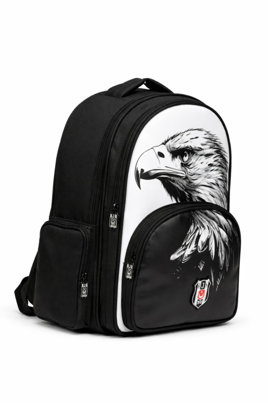 Beşiktaş Lisanslı 3 Bölmeli Kartal Desenli Okul Çantası - Rubber Logolu Su İtici Kumaşlı Okul Sırt Çantası