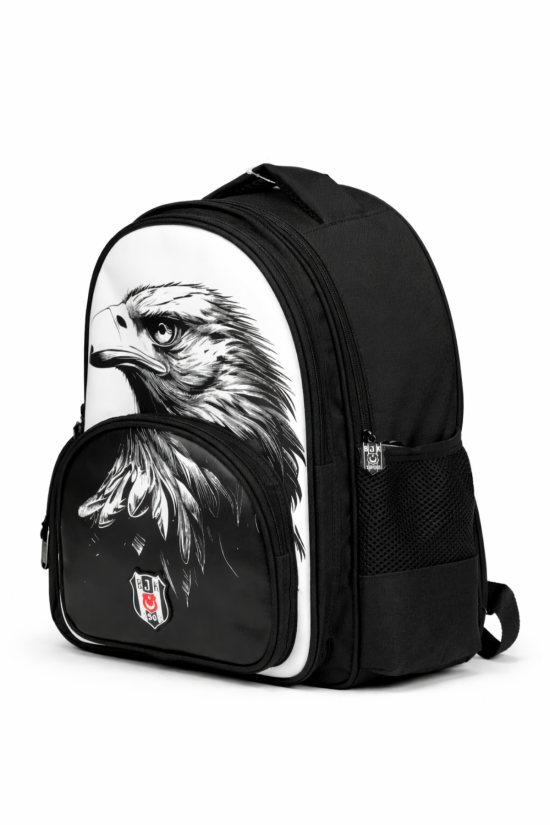 Beşiktaş Lisanslı 3 Bölmeli Kartal Desenli Okul Çantası - Rubber Logolu Su İtici Kumaşlı Okul Sırt Çantası