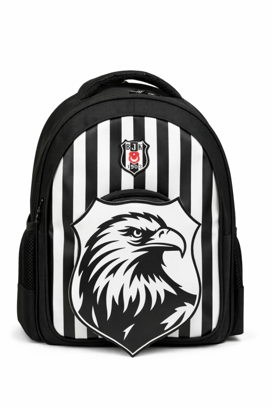 Beşiktaş Lisanslı Çubuklu Okul Çantası - 3 Bölmeli 3D Kartal Baskılı Siyah Beyaz Sırt Çantası