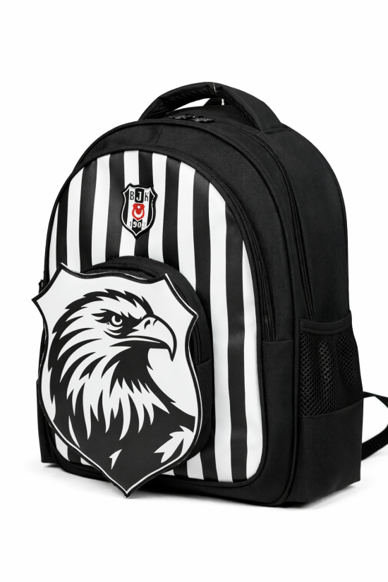 Beşiktaş Lisanslı Çubuklu Okul Çantası - 3 Bölmeli 3D Kartal Baskılı Siyah Beyaz Sırt Çantası