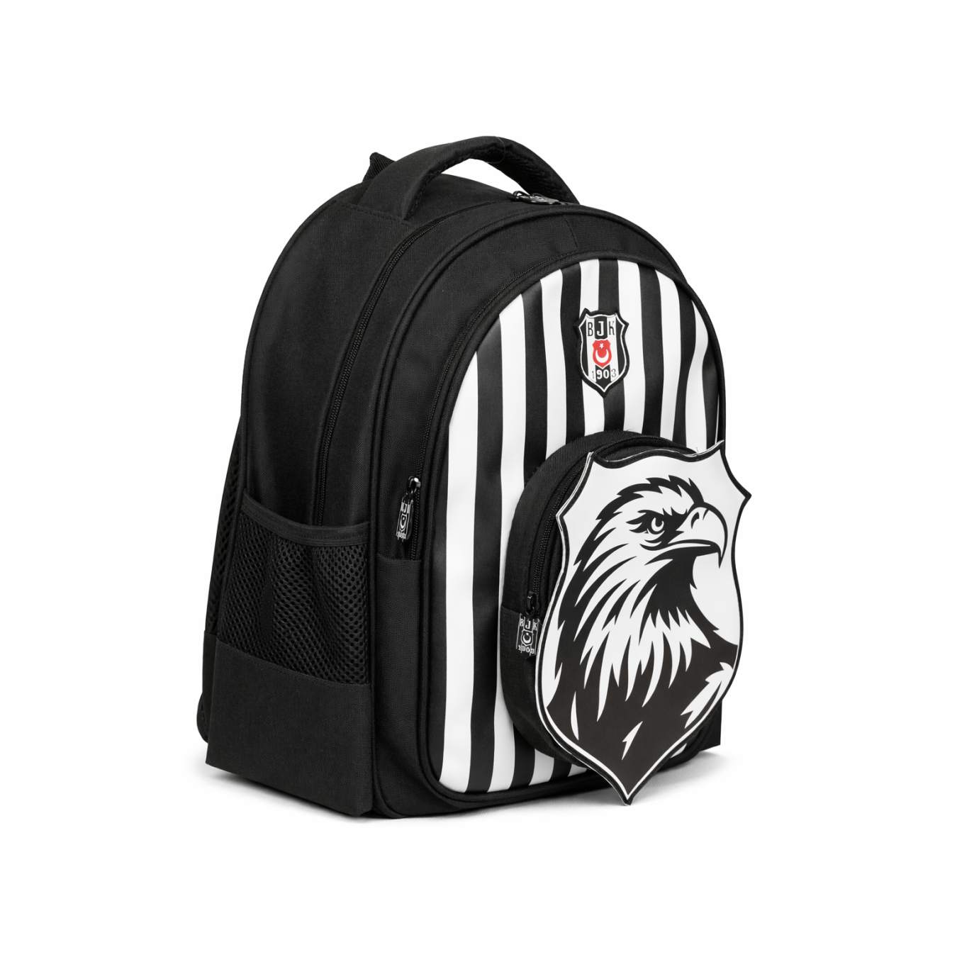 Beşiktaş Lisanslı Çubuklu Okul Çantası - 3 Bölmeli 3D Kartal Baskılı Siyah Beyaz Sırt Çantası
