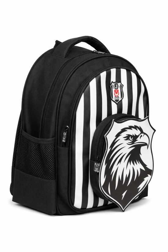 Beşiktaş Lisanslı Çubuklu Okul Çantası - 3 Bölmeli 3D Kartal Baskılı Siyah Beyaz Sırt Çantası