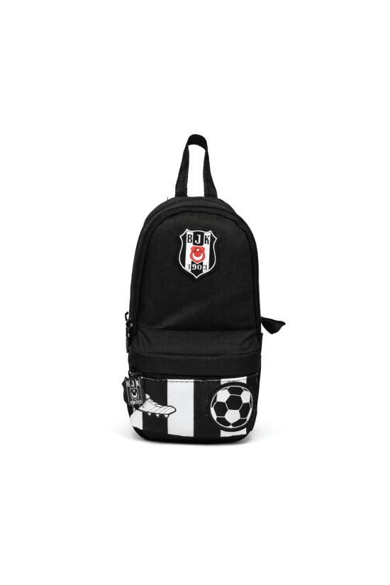 Beşiktaş Lisanslı Çubuklu Desenli Kalemlik - Siyah Çok Bölmeli Dikey Kalem Çantası