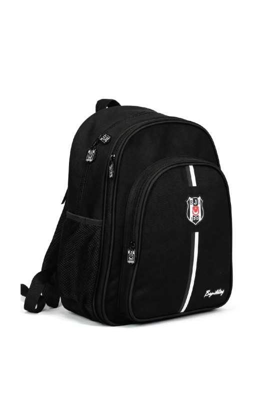 Beşiktaş Lisanslı Kanvas Okul Çantası - Siyah Beyaz Çizgili 3 Bölmeli Sırt Çantası