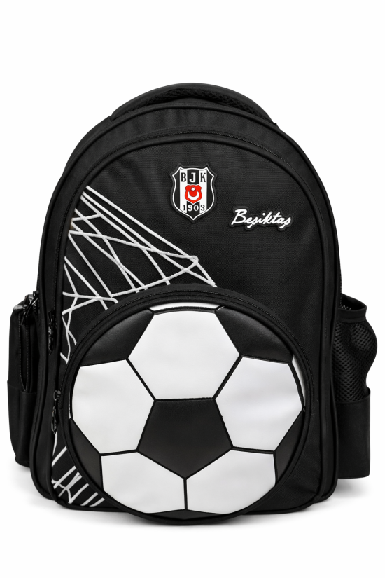 Beşiktaş Lisanslı 3D Futbol Topu Baskılı Okul Çantası - 2 Bölmeli Siyah Sırt Çantası