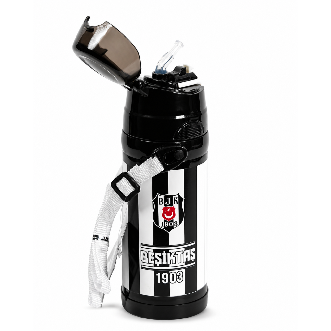 Beşiktaş Lisanslı Çubuklu Çelik Matara - Pipetli Kilitli Kapak Okul Suluğu 425 ml