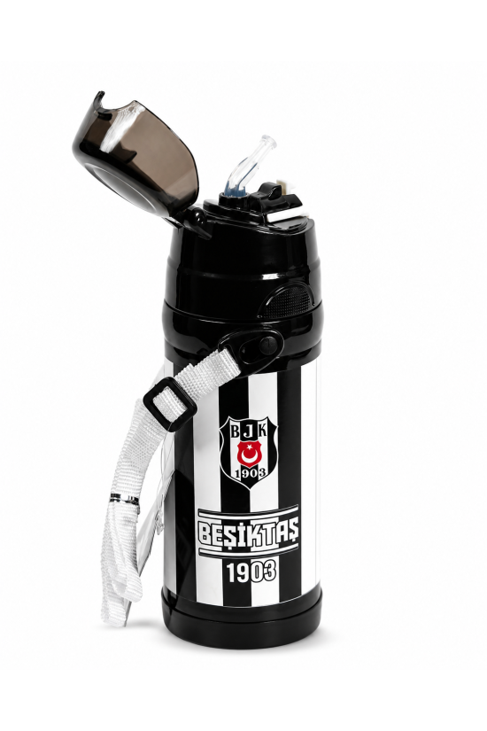 Beşiktaş Lisanslı Çubuklu Çelik Matara - Pipetli Kilitli Kapak Okul Suluğu 425 ml