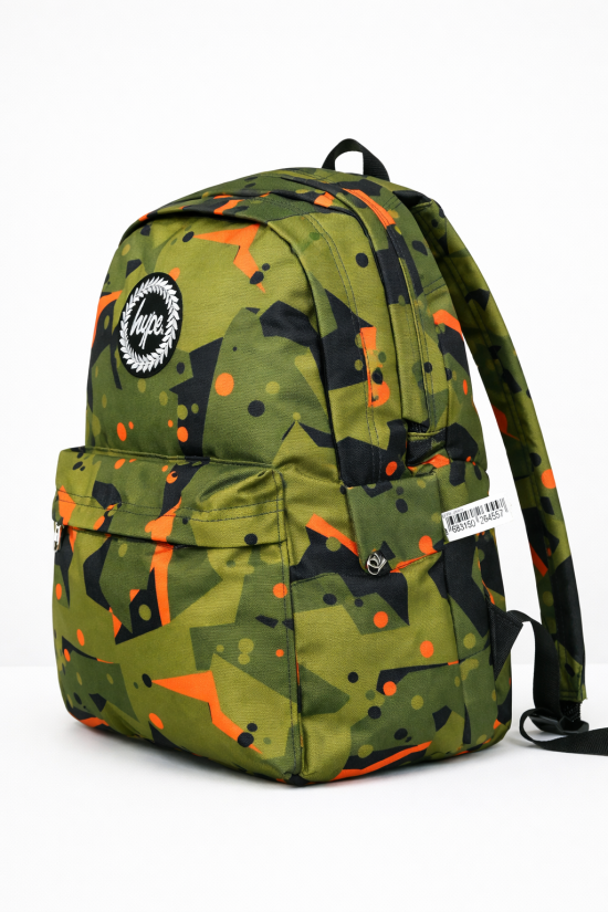 Hype Lisanslı 3 Bölmeli Sırt Çantası - Turuncu Yeşil Desenli Laptop Gözlü Su İtici Okul Çantası