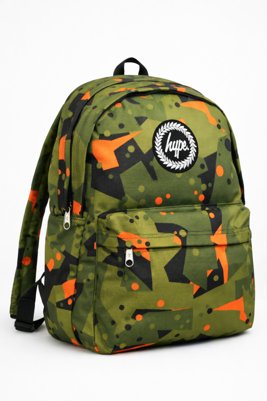 Hype Lisanslı 3 Bölmeli Sırt Çantası - Turuncu Yeşil Desenli Laptop Gözlü Su İtici Okul Çantası