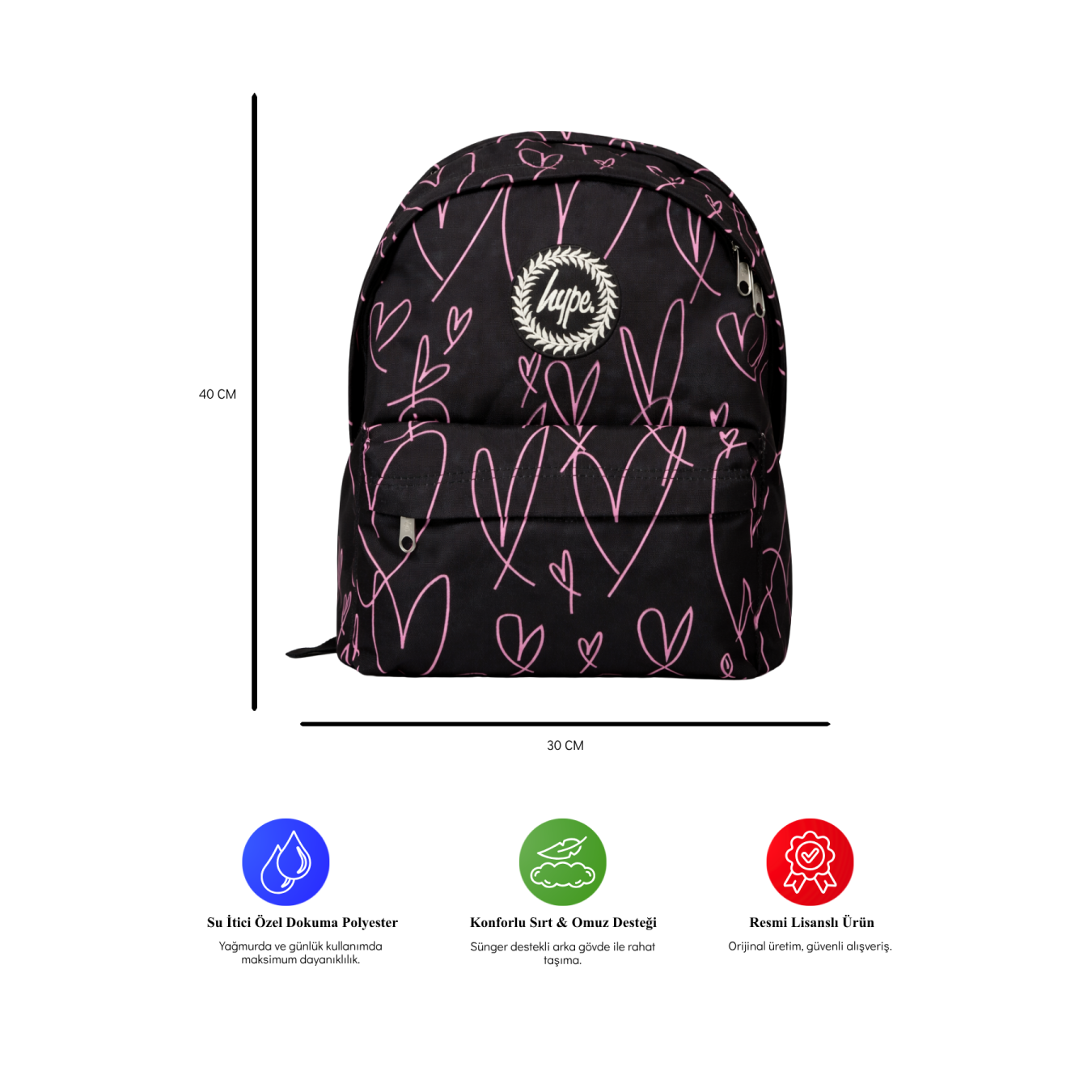 Hype Lisanslı 3 Bölmeli Sırt Çantası - Pembe Kalp Desenli Laptop Gözlü Su İtici Okul Çantası