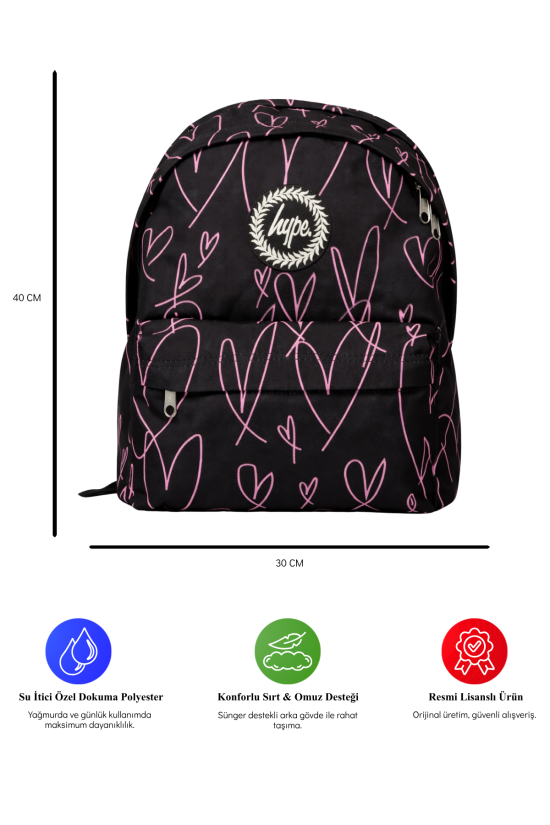 Hype Lisanslı 3 Bölmeli Sırt Çantası - Pembe Kalp Desenli Laptop Gözlü Su İtici Okul Çantası