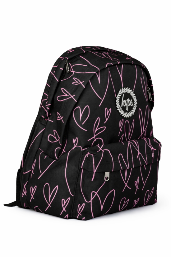 Hype Lisanslı 3 Bölmeli Sırt Çantası - Pembe Kalp Desenli Laptop Gözlü Su İtici Okul Çantası