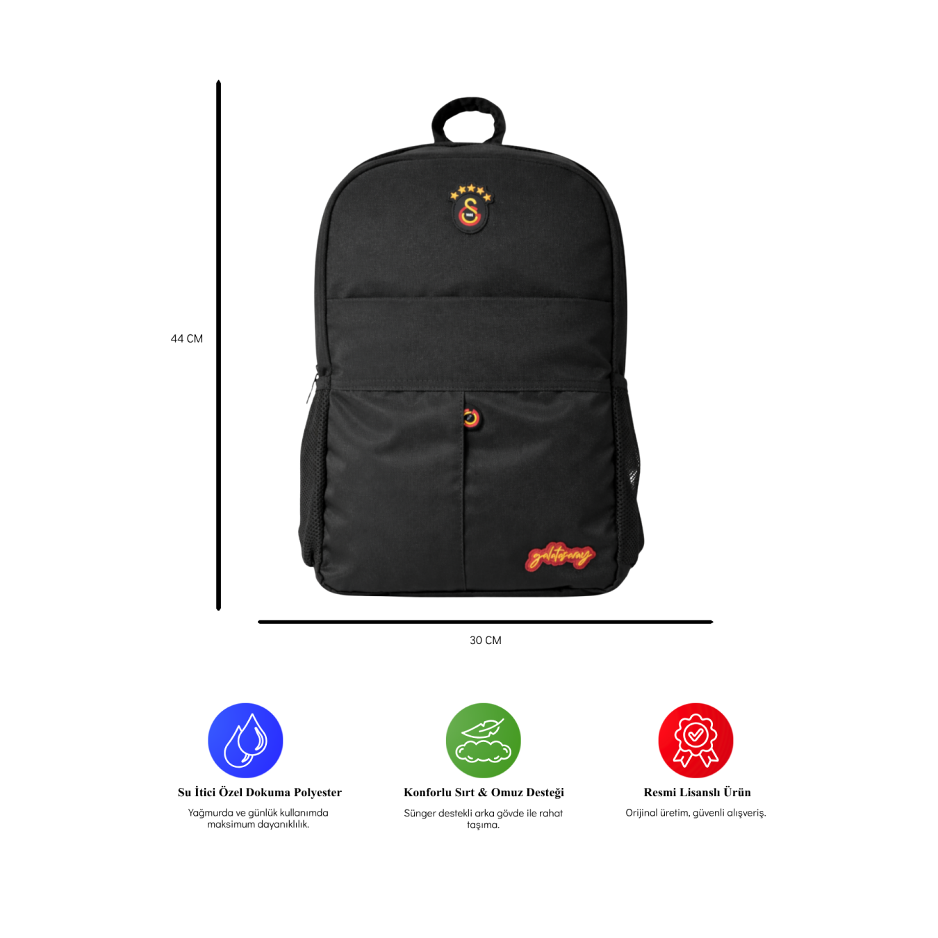 Galatasaray Lisanslı Su Geçirmez Siyah Sırt Çantası - Laptop Bölmeli