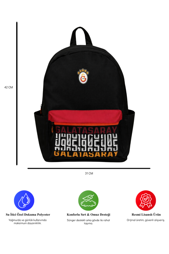 Galatasaray Lisanslı 3 Bölmeli Sırt Çantası - Laptop Gözlü Su İtici Renkli Baskılı Okul Çantası