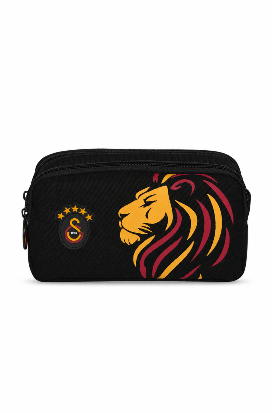 Galatasaray Lisanslı Aslan Baskılı Kalemlik - Siyah Çift Bölmeli Okul Kalem Çantası