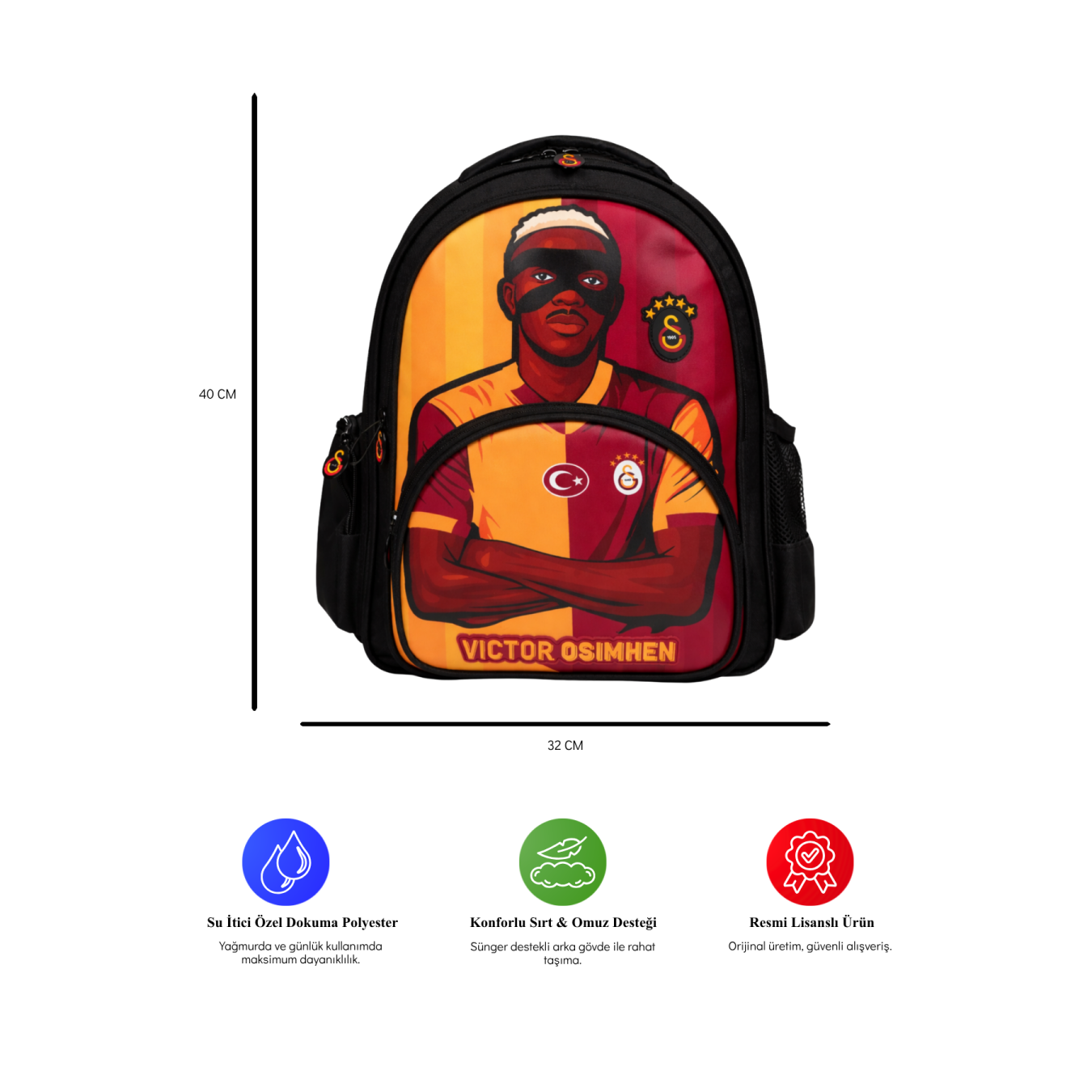 Galatasaray Lisanslı Victor Osimhen Figürlü 3 Bölmeli Okul Çantası - Laptop Bölmeli Su İtici Kumaşlı Sırt Çantası