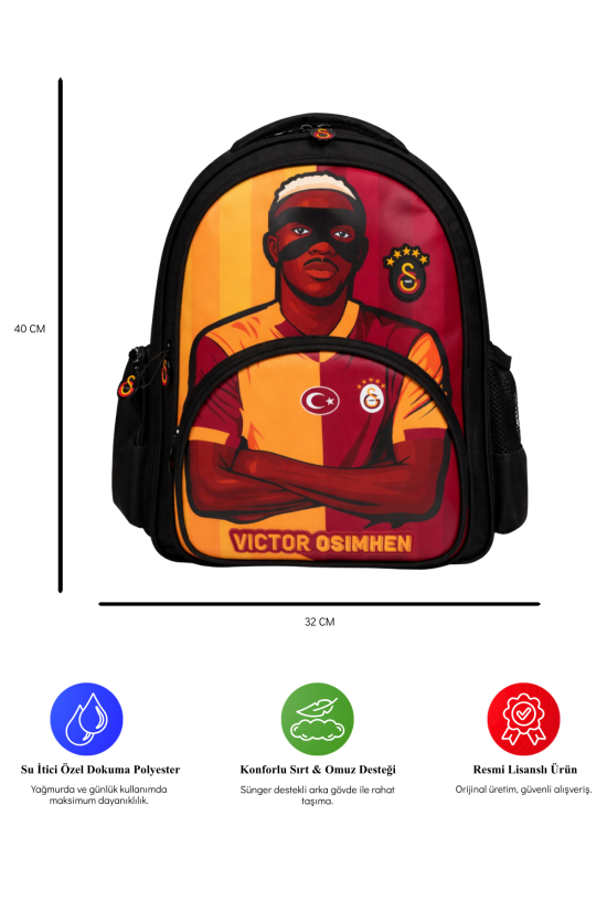 Galatasaray Lisanslı Victor Osimhen Figürlü 3 Bölmeli Okul Çantası - Laptop Bölmeli Su İtici Kumaşlı Sırt Çantası